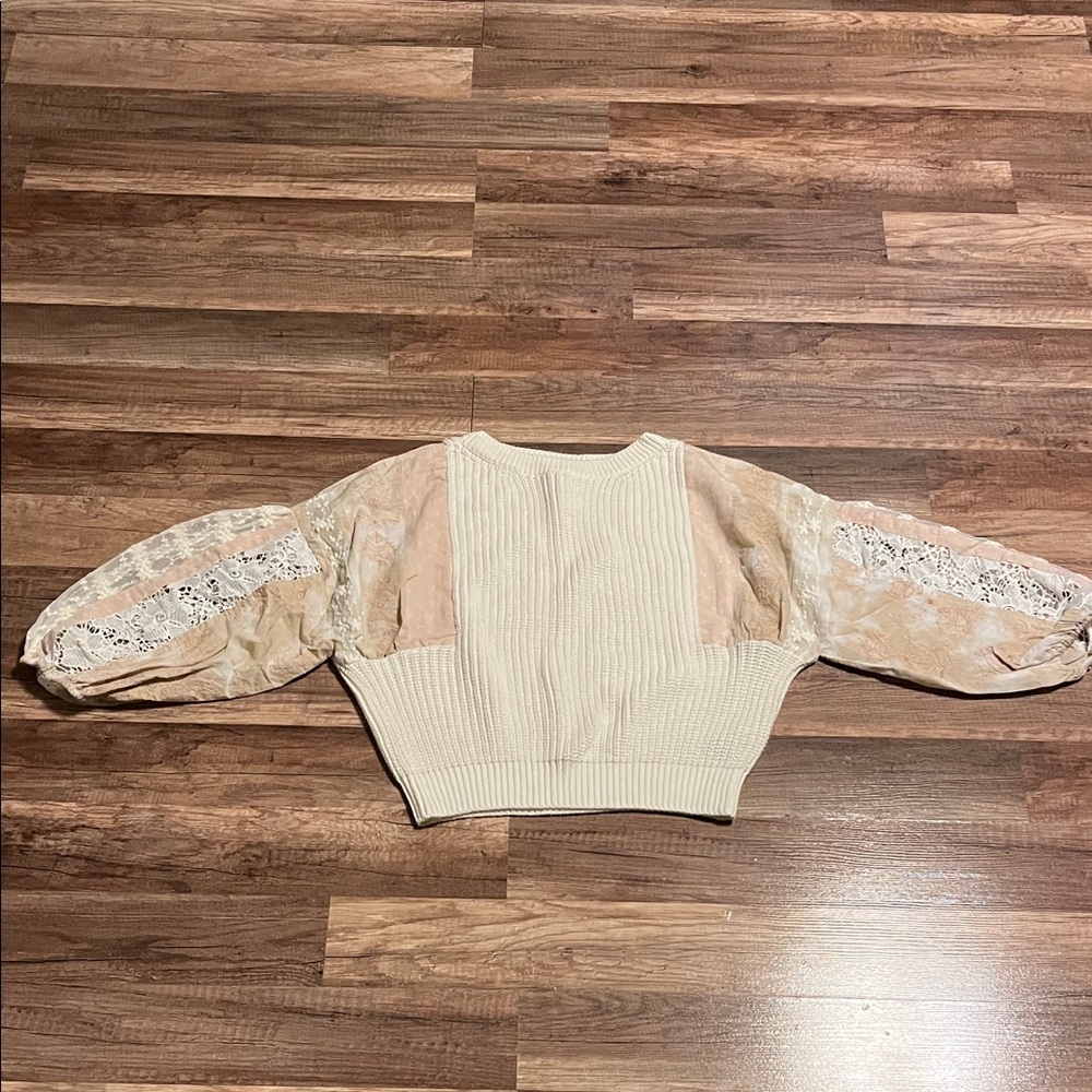 Pilcro Cream and Tan Sweater with Lace Sleeves